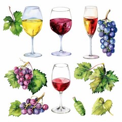 Watercolor Wine Tasting. Hand-drawn Illustration of Rose, Red, and White Wine with Vine Leaves and Grape Berries