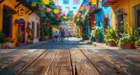 Obraz premium Wooden Tabletop in Front of a Colorful Street in Mexico