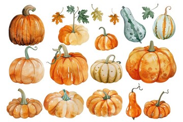 Whimsical Pumpkin Set. Fairytale Harvest with Watercolor Illustrations in Vibrant Colors