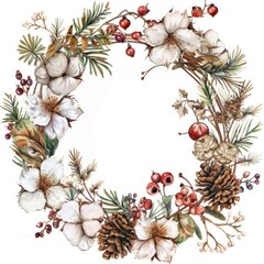 Fototapeta premium Winter Botanical Watercolor Floral Wreath. Vintage Christmas Design with Cotton Flowers, Pine Cones, and Berries. Holiday Card Illustration.