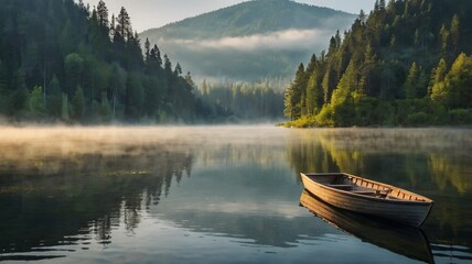 Serene mountain lake at dawn with rowboat and misty forest