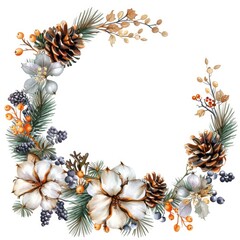 Fototapeta premium Winter Botanical Watercolor Illustration of Cotton Flowers and Berries in Rustic Christmas Wreath