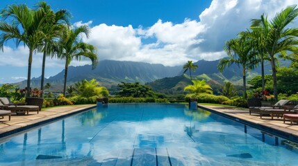 beautiful paradise pool with palm trees and mountains in the background