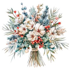 Obraz premium Winter Wedding Bouquet with Watercolor Roses and Pine Branches on White Background