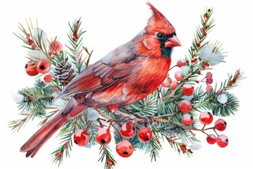 Winter's Song: Red Cardinal with Festive Holly Bouquet Illustration