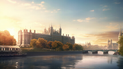 Obraz premium Iconic River Skyline with Historic Architecture