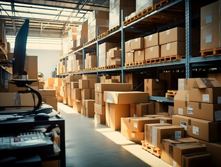 Obraz premium Inside Warehouse Photo, Warehouse industry background with logistic wholesale storehouse, parcel Logistics Warehouse, Warehouse storage