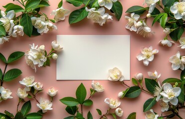 White Flowers Surrounding a Blank Card on Pink Background