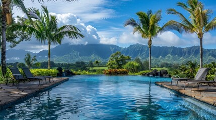 Obraz premium beautiful paradise pool with palm trees and mountains in the background