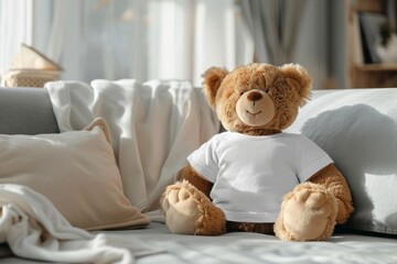 Bear in a white T-shirt, an empty mockup featuring a large plush bear seated on a leather sofa creates a cozy and inviting scene, perfect for showcasing design concepts or products