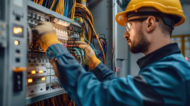 electrician working on switchboard with cables industrial electrical maintenance candid photo