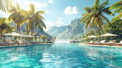 Obraz premium beautiful paradise pool with palm trees and mountains in the background