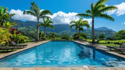 Obraz premium beautiful paradise pool with palm trees and mountains in the background