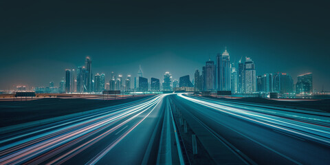 Fototapeta premium Bustling freeway with fast-moving cars and glowing headlights. Light trails painting the night, leading towards a futuristic city skyline full of energy and motion.