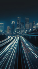 Fototapeta premium Modern city street with fast-moving cars and bright headlights. Light trails painting the night, leading to a futuristic skyline full of energy and motion.