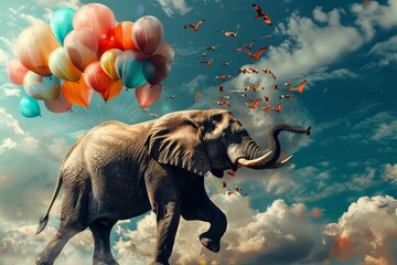 A whimsical image depicting an elephant lifted by colorful balloons against a sky with birds