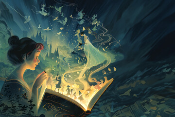 Illustrations of magical storybook adventures with characters and scenes emerging from open books, creating a whimsical, dreamlike atmosphere.
