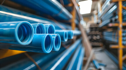 Blue plastic pipes used in construction siteBlue PVC water pipe in storagePackaged blue plastic water pipes at warehouse