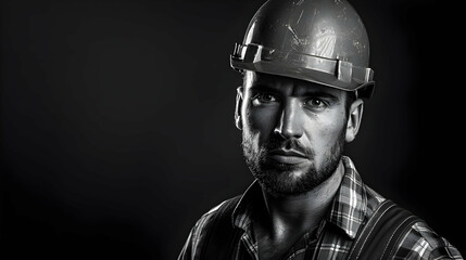 Black and white photorealistic studio portrait of a construction worker with hard hat on black background