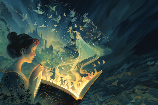 Illustrations of magical storybook adventures with characters and scenes emerging from open books, creating a whimsical, dreamlike atmosphere.
