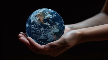 globe in hand on black background