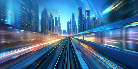 Obraz premium Nighttime urban highway with glowing headlights leading to a towering city skyline. Light trails from passing cars, capturing the vibrant energy and dynamic motion of the metropolis.