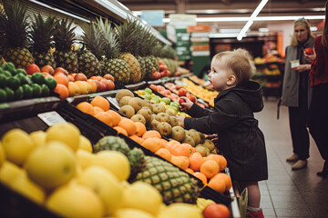 Grocery store scene with child picking food in local supermarket.