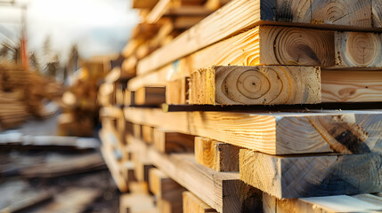 Piles of wooden boards in the sawmill, planking Warehouse for sawing boards on a sawmill outdoors Wood timber stack of wooden blanks construction material Industry