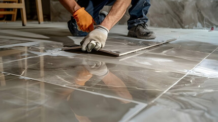 Professional construction worker, tiler laying adhesive and placing ceramic tiles on waterproof floor Details of home renovation, construction works