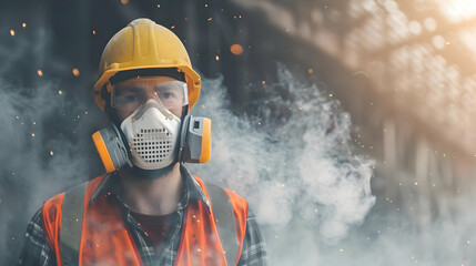 Obraz premium Professional construction worker wearing a highgrade dust mask, surrounded by lot of floating particles of glass wool dust in a construction site