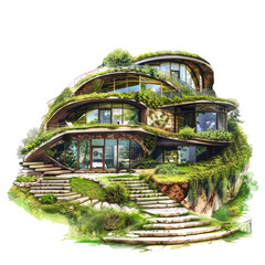 A stunning eco-friendly house design, seamlessly integrated with nature, featuring lush greenery and sustainable architectural elements in a harmonious setting
