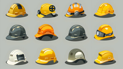 Fototapeta premium Set of helmet and gear icons Workwear, helmet construction and cogwheel Safety and protection, engineer Construction helmet with gear, vector