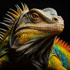 Fototapeta premium Close-up of a colorful iguana with detailed scales on a black background. Macro studio photography style. Reptile and wildlife concept for design and print.