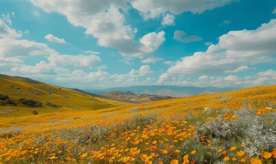 Rolling Hills Covered in Yellow Wildflowers with Blue Sky and White Clouds.