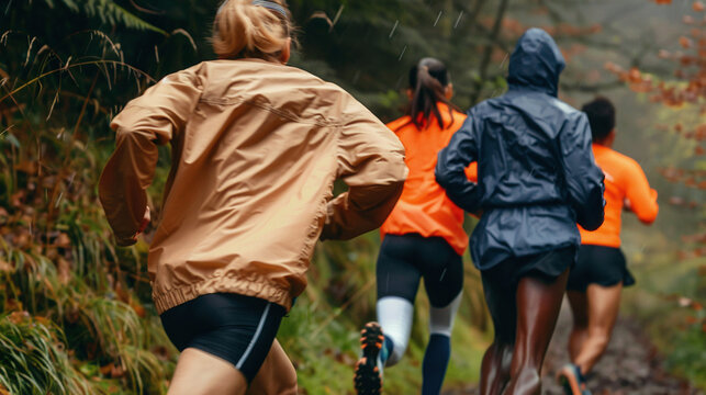 rear view of social fitness runners running in the woods on a rainy day