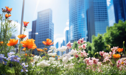 Blossoming Flowers Against Urban Skyscrapers