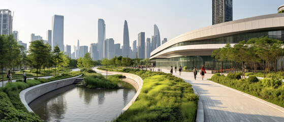 Fototapeta premium Modern Urban Park with City Skyline