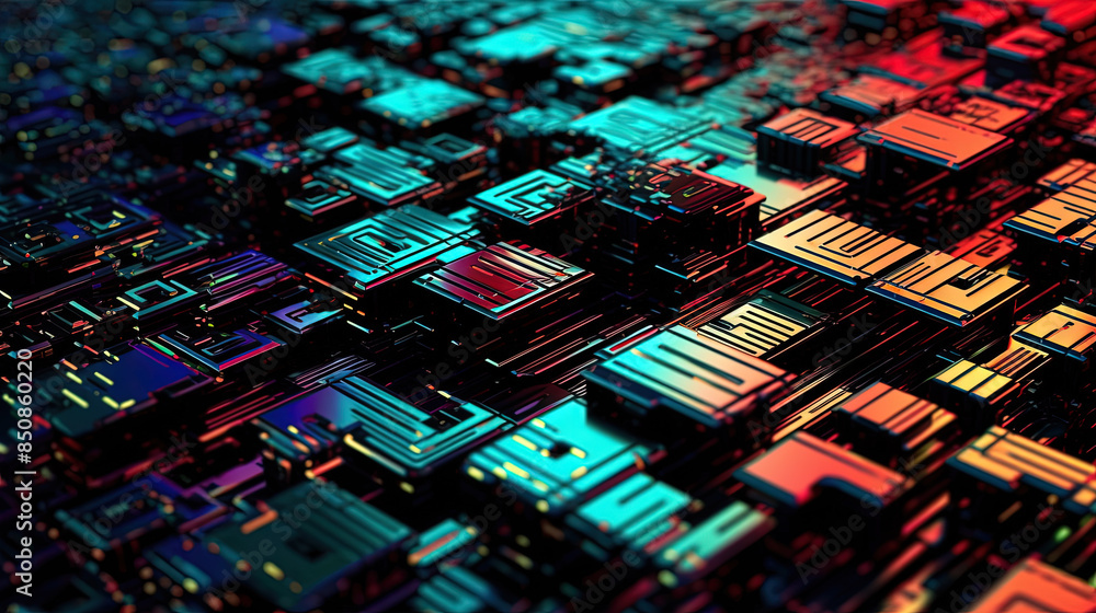 Poster Abstract motherboard structure with blocks and chips in purple and blue neon lights. Technology background with microchips on hardware circuitboard.
