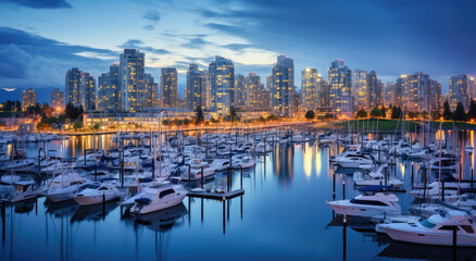 City Harbor at Dusk with Illuminated Skyline
