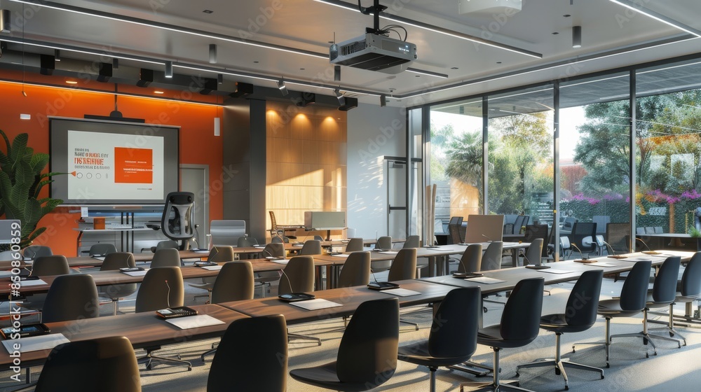 Poster a large conference room with a projector screen and a large number of chairs