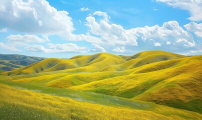 Obraz premium Yellow and Green Landscape with Rolling Hills and Bright Yellow Flowers under a Blue Sky with White Clouds. 
