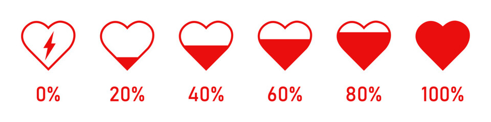 Heart rating, Love meter or gauge icon for velentine day card. The illustration of love meter. Red color. 0 to 100 percent heart rating level vector icon set.