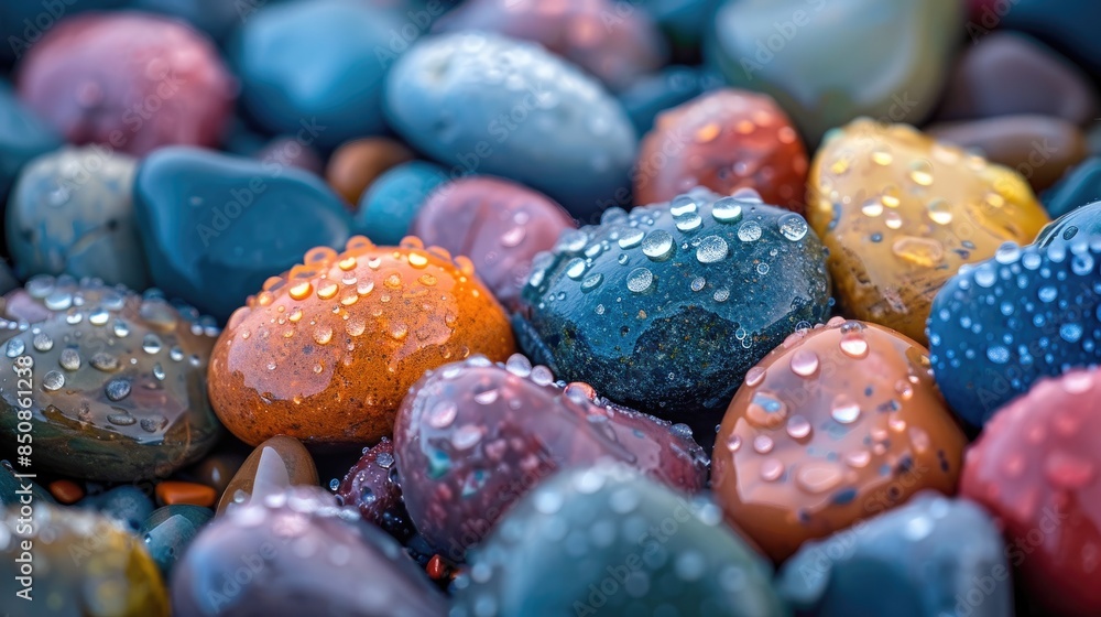 Poster vivid macro shot of colorful wet sea pebbles with shallow depth of field