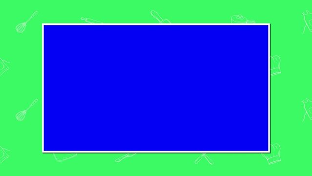 Seamless background with animated cooking utensils on a green background with a blue screen to insert a video. 