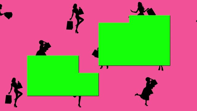 Animated shopping girls in black on a pink background with a transitioned green screen overlay.