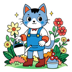  illustration of an anime cat gardener, surrounded by blooming flowers and plants, with a happy and content smile, holding a watering can.