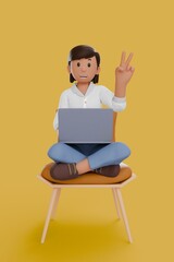 3D illustration of woman working on laptop while give gesture two