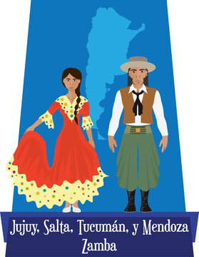 Illustration vector isolated of samba, zamba, Argentinian traditional dance costumes, folklore. 