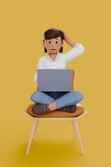 3D illustration of woman working on laptop and panic with something on laptop