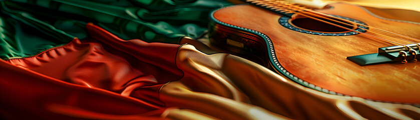 Obraz premium Photo Realistic Mexican Guitar and Flag: Guitar with Mexican Flag, Musical Heritage, Independence Day Symbol, Ample Text Space | Adobe Stock Photo Concept